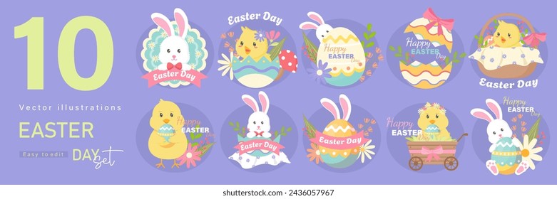 Happy Easter Set. designs for spring holidays. Cute congratulations with painted easter eggs, rabbits, bunnies, festive cakes. Colored flat vector illustrations