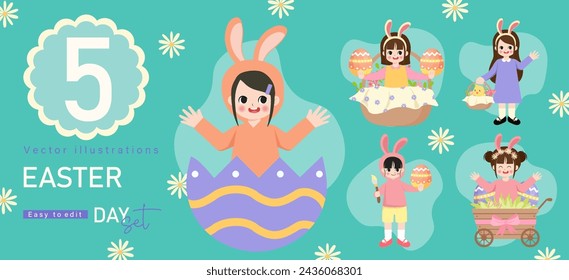 Happy Easter Set. designs for spring holidays. Cute congratulations with painted easter eggs, rabbits, bunnies, festive cakes. Colored flat vector illustrations