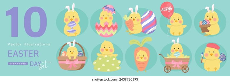 Happy Easter Set. designs for spring holidays. Cute congratulations with painted easter eggs, rabbits, bunnies, festive cakes. Colored flat vector illustrations.