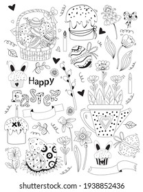 Happy Easter. Set of Easter doodles - basket with Easter eggs, Easter cakes, cupcake, rabbit, flowers and leaves, holiday decor. Vector. Black line, outline. Cute decor for design, print and postcards