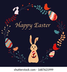 Happy Easter. Set of easter eggs, bunny, leaves