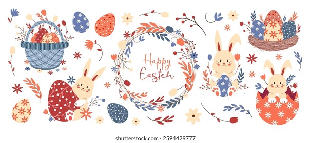 Happy Easter set. Easter eggs, bunny, basket, nest. Vector illustration