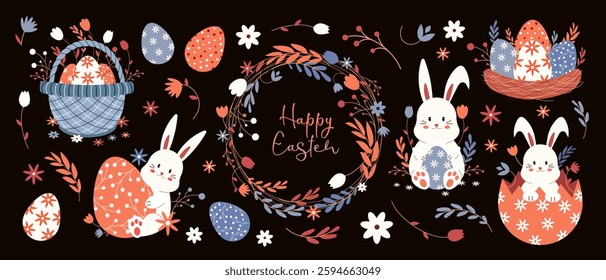 Happy Easter set. Easter eggs, bunny, basket, nest, spring flowers. Festive vector illustration