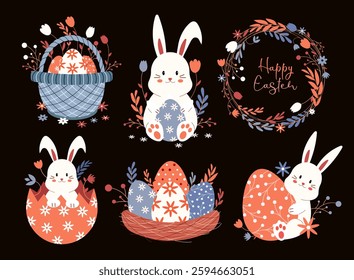 Happy Easter set. Easter eggs, bunny, basket, nest, spring flowers. Vector illustration