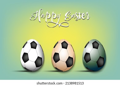 Happy Easter. Set eggs decorated in the form of a soccer balls different colors. Eggs shaped soccer balls. Pattern for greeting card, banner, poster. Vector illustration on isolated background