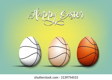Happy Easter. Set eggs decorated in the form of a basketball balls different colors. Eggs shaped basketball balls. Pattern for greeting card, banner, poster. Vector illustration on isolated background