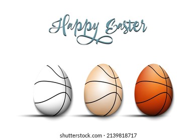 Happy Easter. Set eggs decorated in the form of a basketball balls different colors. Eggs shaped basketball balls. Pattern for greeting card, banner, poster. Vector illustration on isolated background