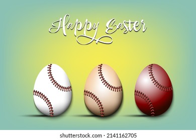 Happy Easter. Set eggs decorated in the form of a baseball balls different colors. Eggs shaped baseball balls. Pattern for greeting card, banner, poster. Vector illustration on isolated background