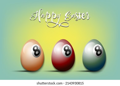 Happy Easter. Set eggs decorated in the form of a billiard balls different colors. Eggs shaped billiard balls. Pattern for greeting card, banner, poster. Vector illustration on isolated background