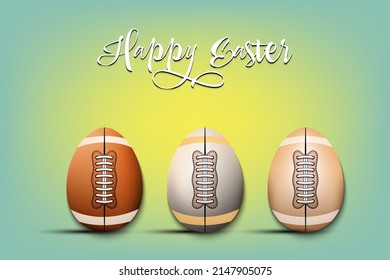 Happy Easter. Set eggs decorated in the form of a football balls different colors. Eggs shaped football balls. Pattern for greeting card, banner, poster. Vector illustration on isolated background