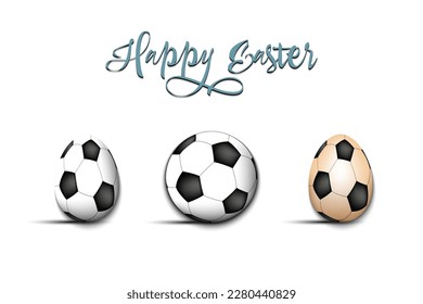 Happy Easter. Set eggs decorated in the form of a soccer balls different colors. Soccer ball. Pattern for greeting card, banner, poster. Vector illustration on isolated background