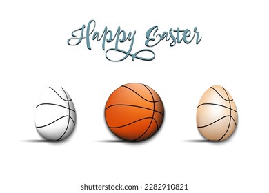 Feliz Pascua. Ponga huevos decorados en forma de baloncesto de diferentes colores. Baloncesto. Patrón para tarjeta de saludo, pancarta, afiche. Ilustración del vector en el fondo aislado