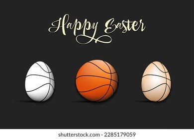 Feliz Pascua. Ponga huevos decorados en forma de baloncesto de diferentes colores. Baloncesto. Patrón para tarjeta de saludo, pancarta, afiche. Ilustración del vector en el fondo aislado