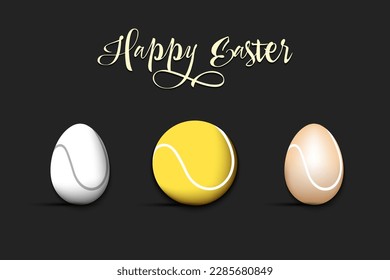 Happy Easter. Set eggs decorated in the form of a tennis balls different colors. Tennis ball. Pattern for greeting card, banner, poster. Vector illustration on isolated background