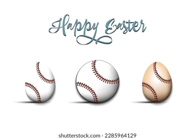 Happy Easter. Set eggs decorated in the form of a baseball balls different colors. Baseball ball. Pattern for greeting card, banner, poster. Vector illustration on isolated background