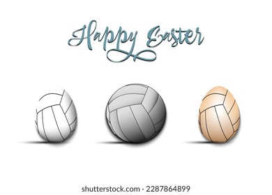 Happy Easter. Set eggs decorated in the form of a volleyball balls different colors. Volleyball ball. Pattern for greeting card, banner, poster. Vector illustration on isolated background