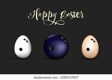 Happy Easter. Set eggs decorated in the form of a bowling balls different colors. Bowling ball. Pattern for greeting card, banner, poster. Vector illustration on isolated background