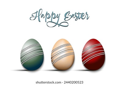 Happy Easter. Set eggs decorated in the form of a cricket balls different colors. Eggs shaped cricket balls. Pattern for greeting card, banner, poster. Vector illustration on isolated background