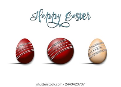 Happy Easter. Set eggs decorated in the form of a cricket balls different colors. Cricket ball. Pattern for greeting card, banner, poster. Vector illustration on isolated background