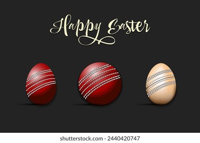 Happy Easter. Set eggs decorated in the form of a cricket balls different colors. Cricket ball. Pattern for greeting card, banner, poster. Vector illustration on isolated background