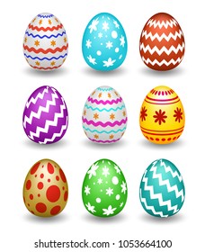 Happy Easter. Set of Easter eggs with different texture. Spring holiday. Vector illustration isolated on white background.