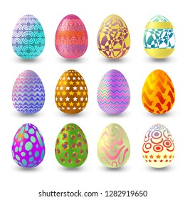 Happy easter, set of easter eggs with different pattern isolated on white background with shadow