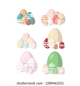 Happy Easter. Set of Easter eggs with different texture on a white background. Concept of Spring holiday. 6 sets of eggs