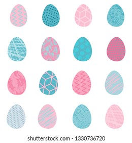 Happy Easter. Set of Easter eggs with different texture on a white background.Vector illustration. Spring holiday. April. EPS 10