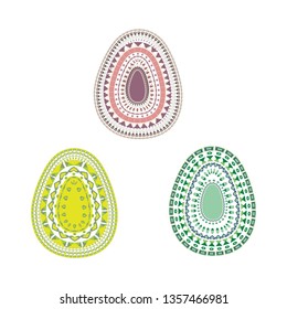 Happy Easter. Set of Easter eggs with different texture on a white background. Spring holiday. Vector flat style Illustration. 