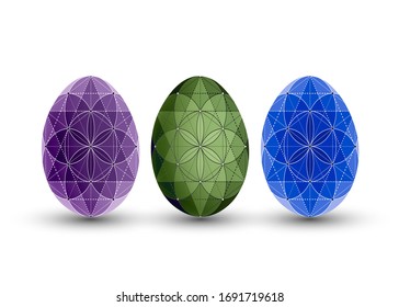 Happy Easter. Set of Easter eggs with different texture isolated on a white background. Spring holiday, sacred geometric flower pattern. Vector Illustration. Happy easter eggs