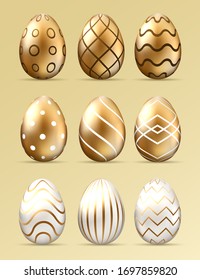 Happy Easter. Set of Easter eggs with different texture on a white background. Spring holiday. Vector Illustration. Happy easter eggs