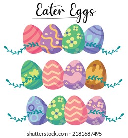 Feliz Pascua. Juego de huevos de Pascua con textura diferente sobre un fondo blanco. Vacaciones de primavera. Ilustración vectorial. Huevos felices de Pascua