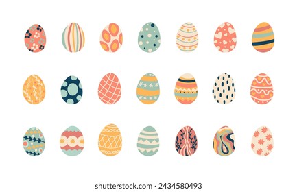 Happy Easter. Set of Easter eggs with different texture on a white background. Spring holiday. Vector Illustration. Happy easter eggs for your design , flat cartoon style.