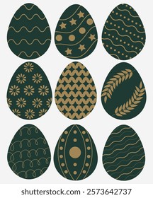 Happy Easter. Set of Easter eggs with different textures on a white background. Spring holiday. Vector Illustration isolated.