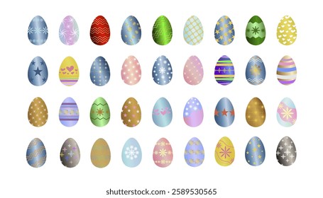 Happy Easter. Set of Easter eggs with different textures on a white background. Isolated vector illustration. Happy Easter eggs.