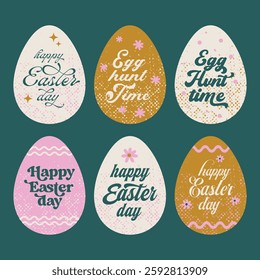 Happy Easter. Set of Easter eggs with different textures on a green background. Spring holiday. Vector Illustration isolated. Happy easter eggs