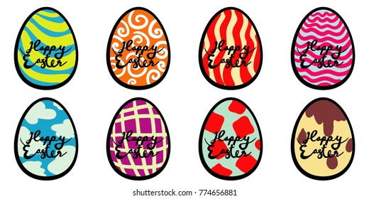 Happy Easter Set of Easter eggs in different colorful patterns with Happy Easter Typography 