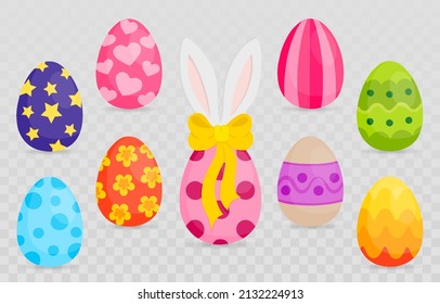Happy Easter! Set of Easter eggs flat design on transparent background. Decorative vector elements collection.
Colorful group of Easter symbols. Vector illustration on PNG.