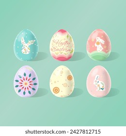 Frohe Ostern. Set von Ostereiern mit floraler Textur und Hasen-Silhouette auf einem pastellfarbenen Hintergrund. Frühlingsferien.Frohe Ostereier