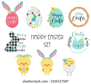 Happy easter set with eggs, flowers, chicks and bunny. Vector illustration