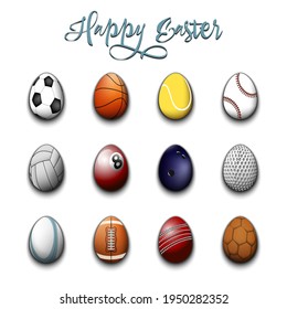 Happy Easter. Set eggs in the form of soccer, football, basketball, tennis, baseball, volleyball, billiard, bowling, golf, rugby, cricket, handball ball on an isolated background. Vector illustration