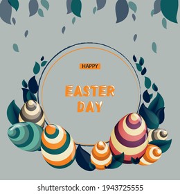 Happy easter. A set of Easter eggs with a multicolored striped texture on a light background. Round frame with place for text. Falling leaves.