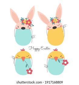 Happy Easter. A set of Easter eggs with rabbit and chicken with flowers  on a white background. Spring holiday. Vector illustration 