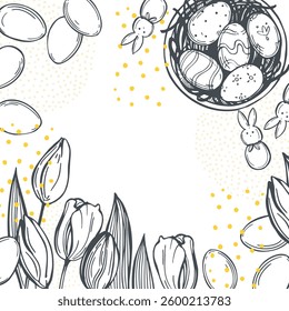 Happy Easter set. Easter eggs  and spring flowers.  Vector background. Sketch  illustration. 