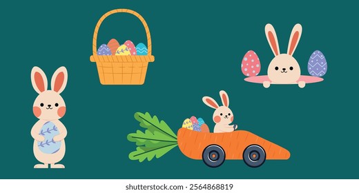 Happy Easter, Set of easter elements. Cute Easter set. collection, bunny, eggs, carrot, and eggs basket. For posters, cards, and stickers. Vector illustration