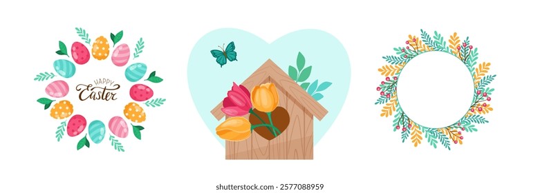 Happy Easter. Set of elements for decoration. Wreath with Colorful Easter Eggs, flowers and leaves, birdhouse. Spring Vector illustration. . Vector illustration