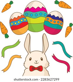 Happy Easter set of elements with funny rabbit isolated on white background