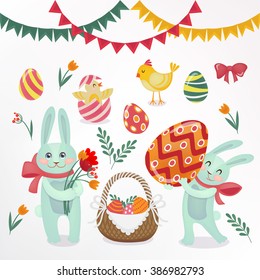 Happy Easter Set of Elements - Rabbits, Eggs, Chicks, Flowers and Garlands. Vector illustration