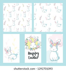 Happy Easter set of five illustrations and patterns of a white Easter bunny. Vector illustration with lettering