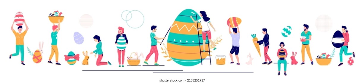 Happy Easter set, ilustración aislada del vector plano. Gente decorando huevos, llevando cestas de Pascua y huevos pintados, alimentando a un lindo conejo con zanahoria. Festival de vacaciones de primavera, feria.